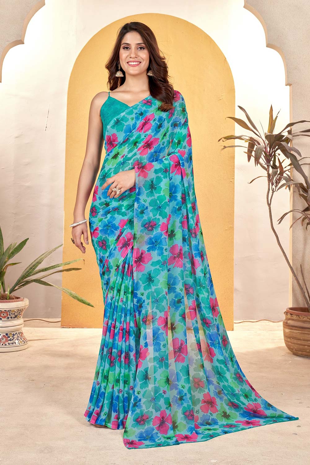 Green Georgette printed Saree