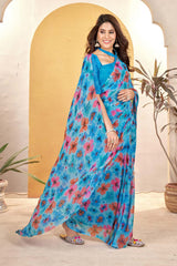 Blue Georgette printed Saree