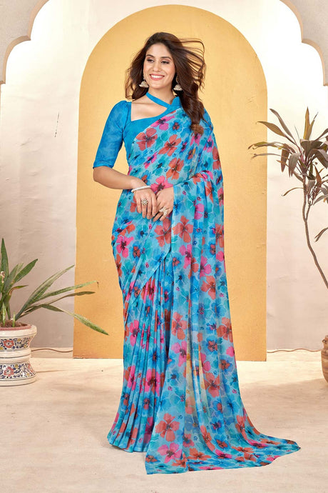 Blue Georgette printed Saree