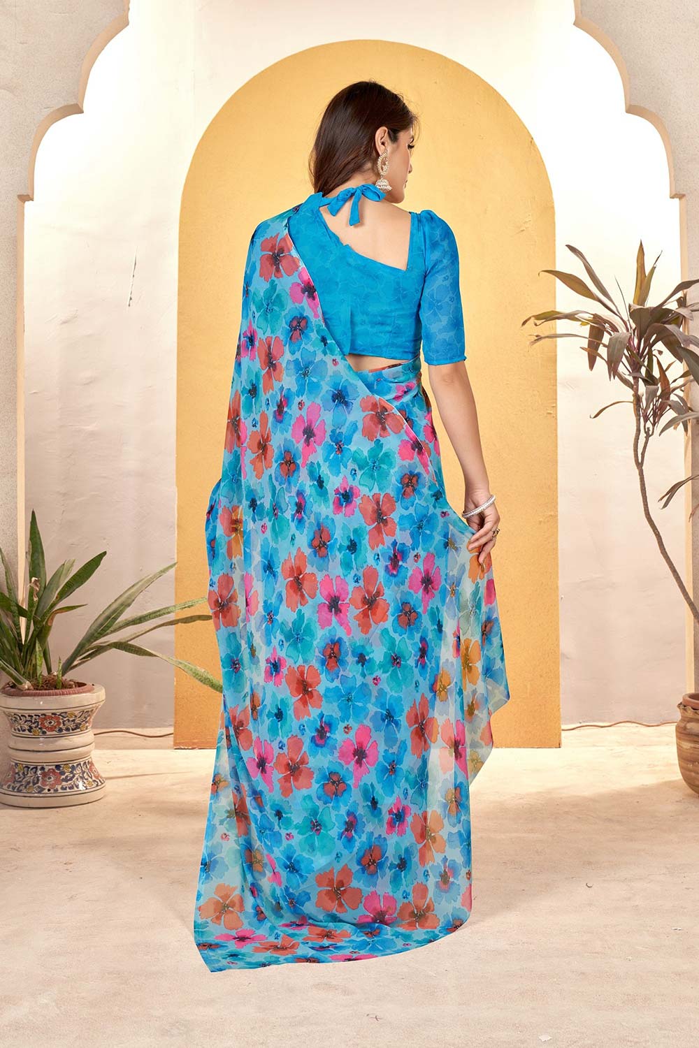 Blue Georgette printed Saree