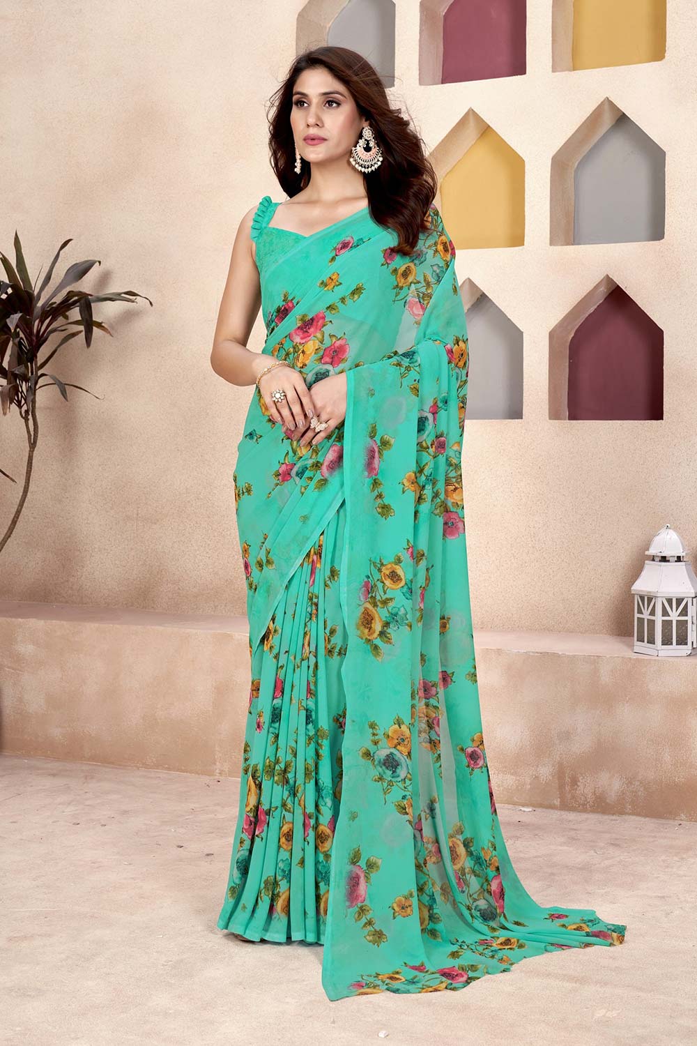 Green Georgette printed Saree