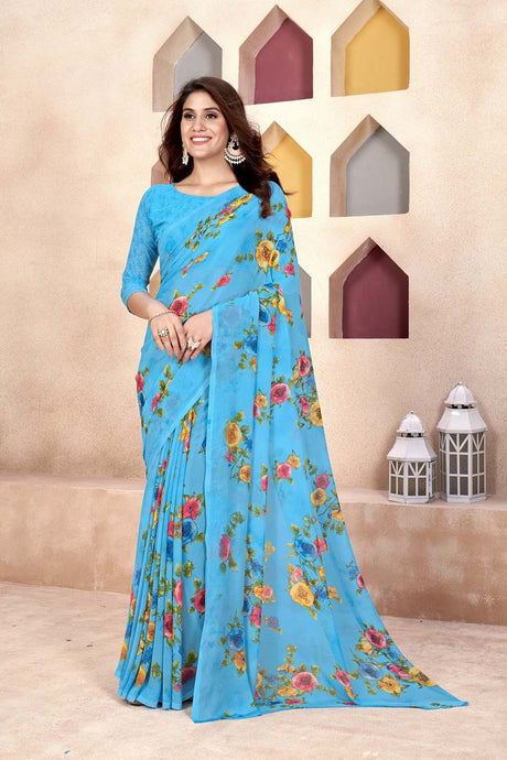 Blue Georgette printed Saree