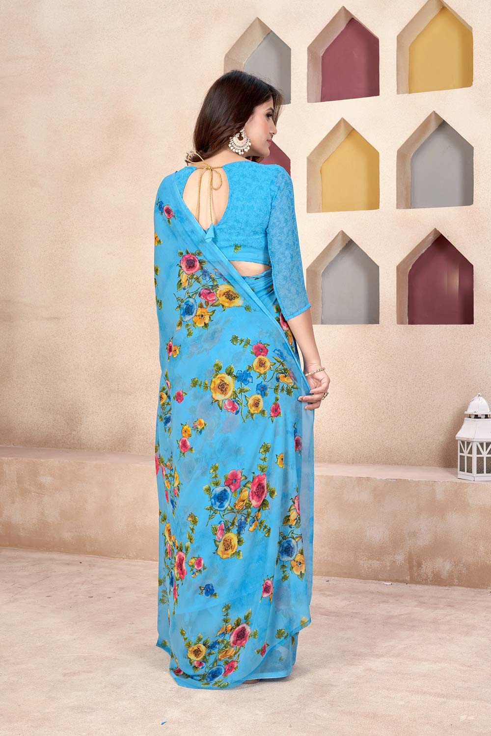 Blue Georgette printed Saree