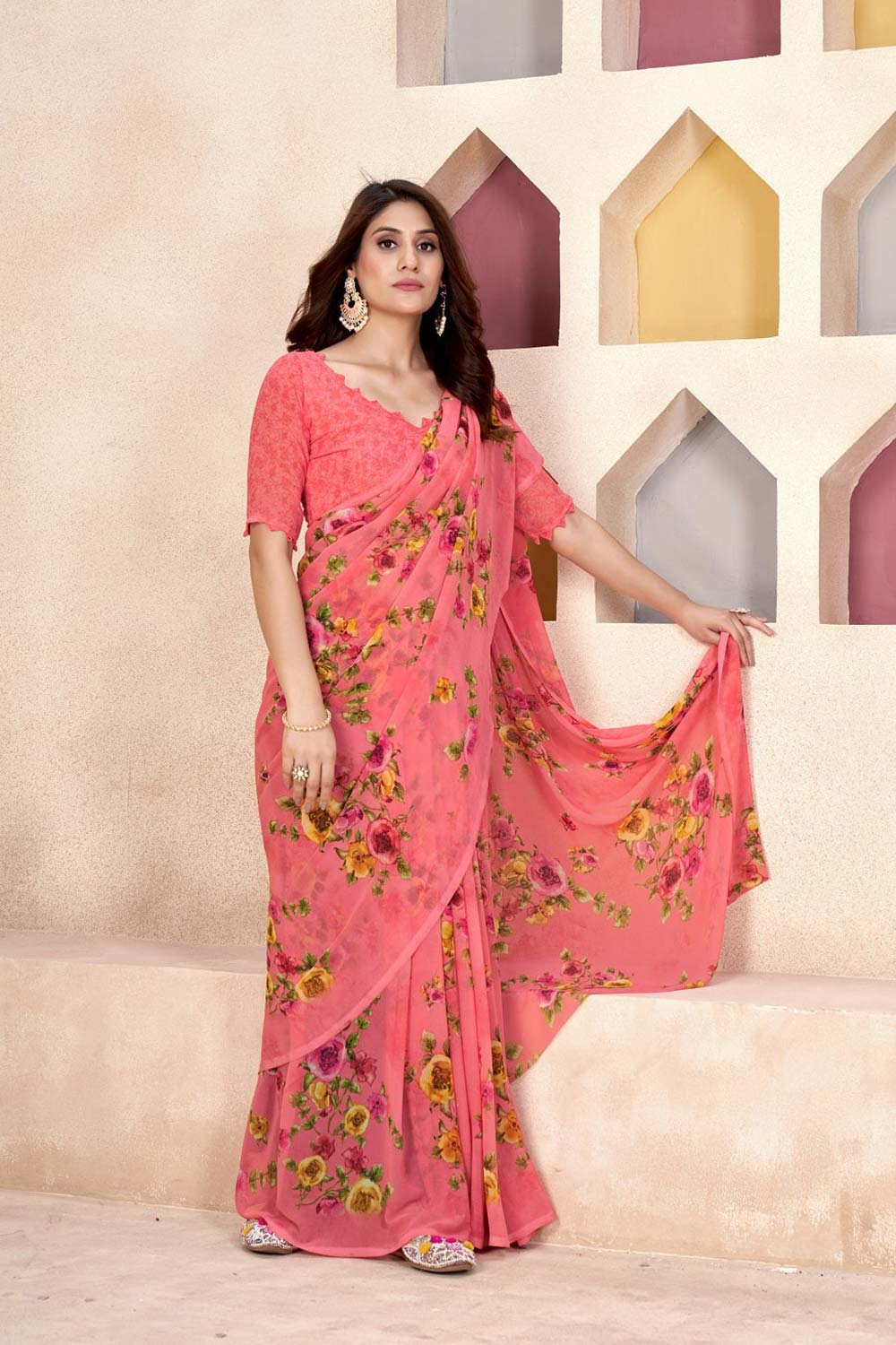 Pink Georgette printed Saree