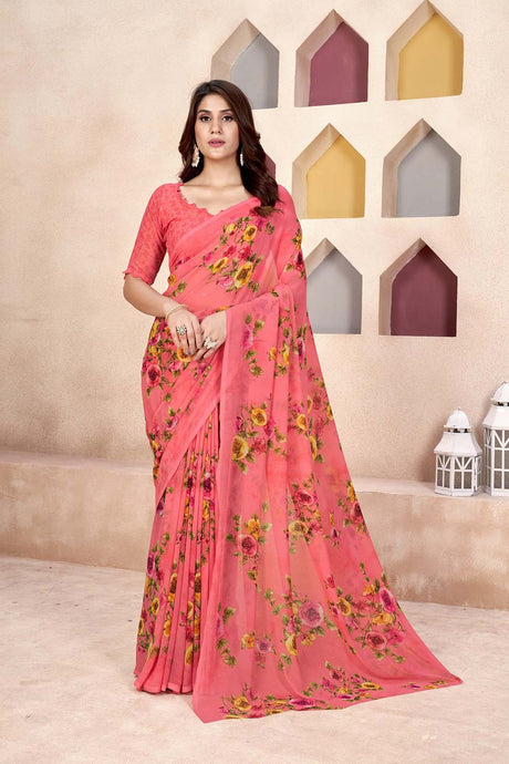 Pink Georgette printed Saree