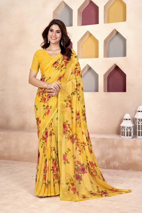 Yellow Georgette printed Saree