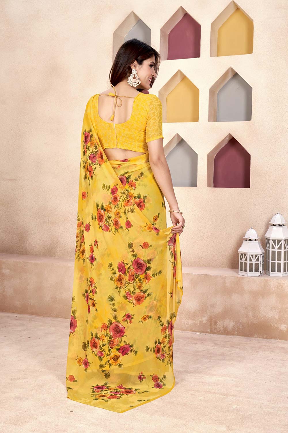 Yellow Georgette printed Saree