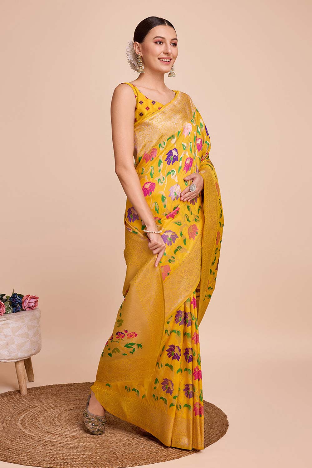 Yellow Silk Blend Zari  Saree