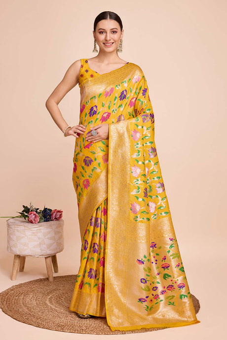 Yellow Silk Blend Zari  Saree