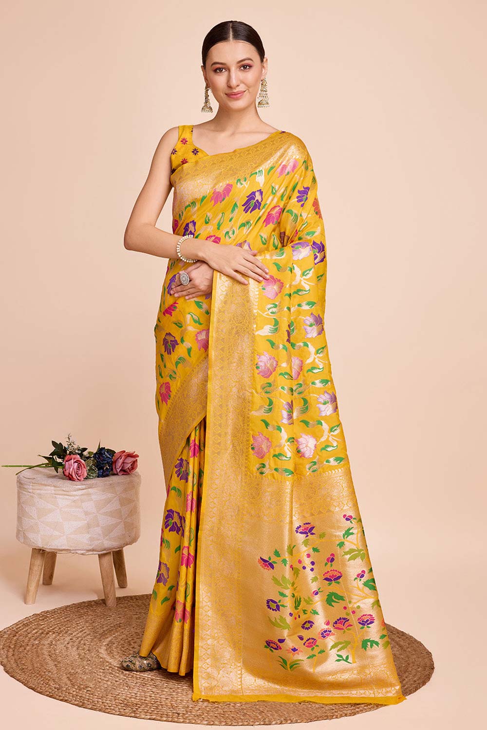 Yellow Silk Blend Zari  Saree