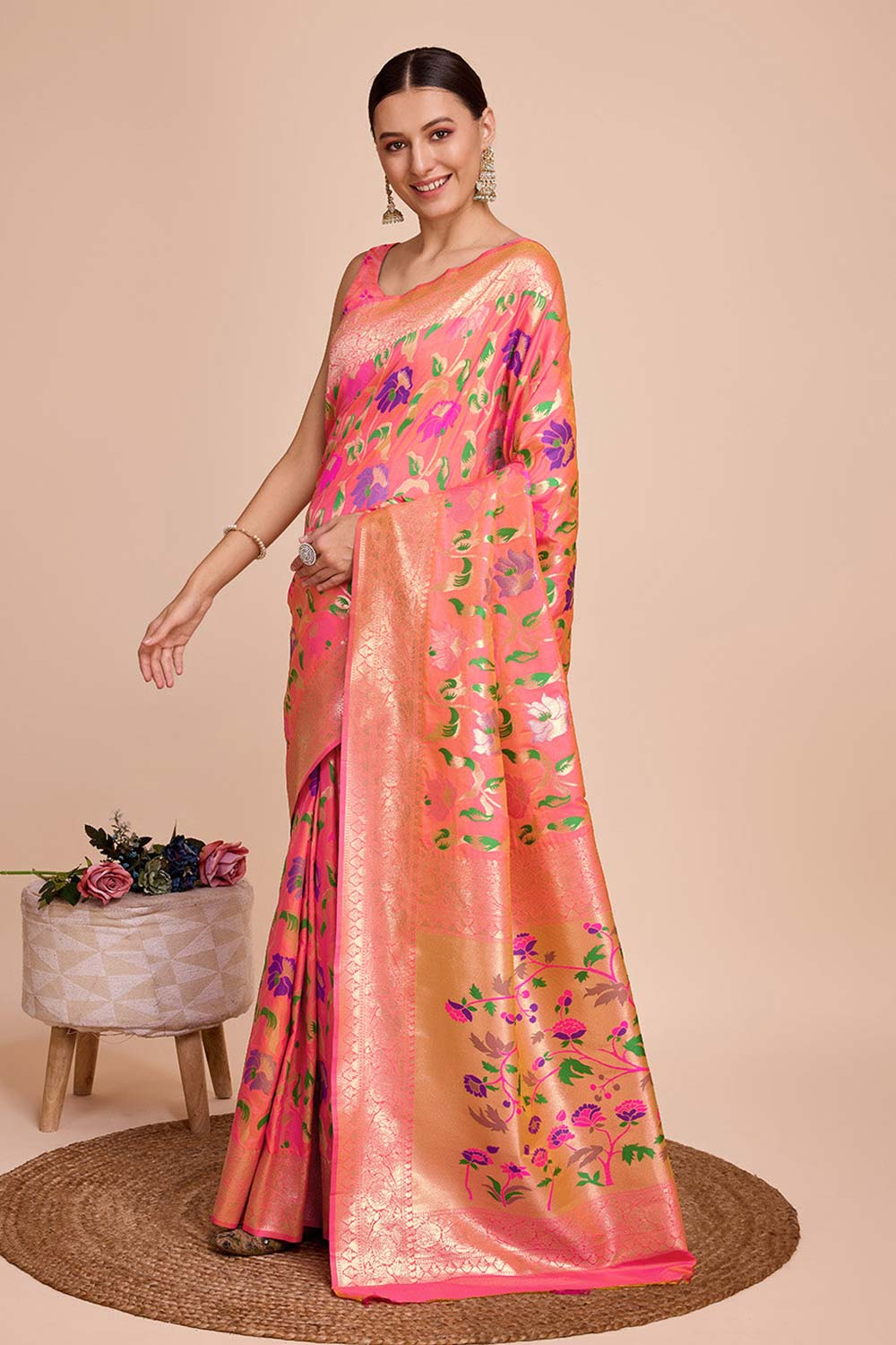 Pink Silk Blend Zari  Saree