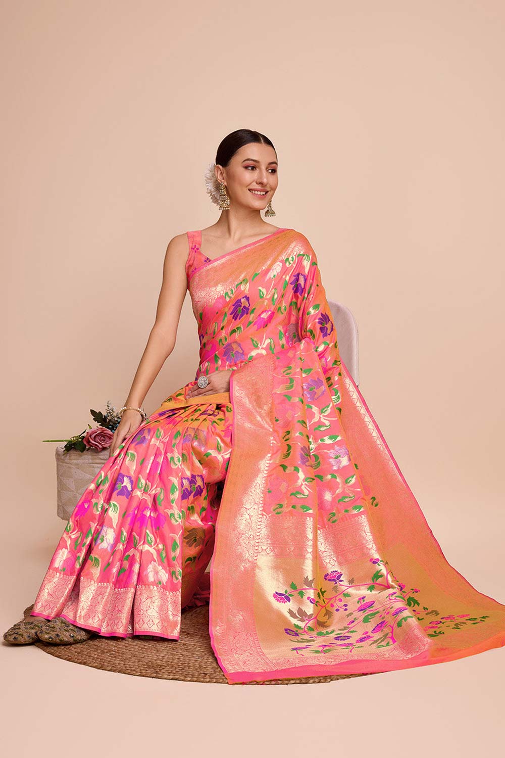 Pink Silk Blend Zari  Saree