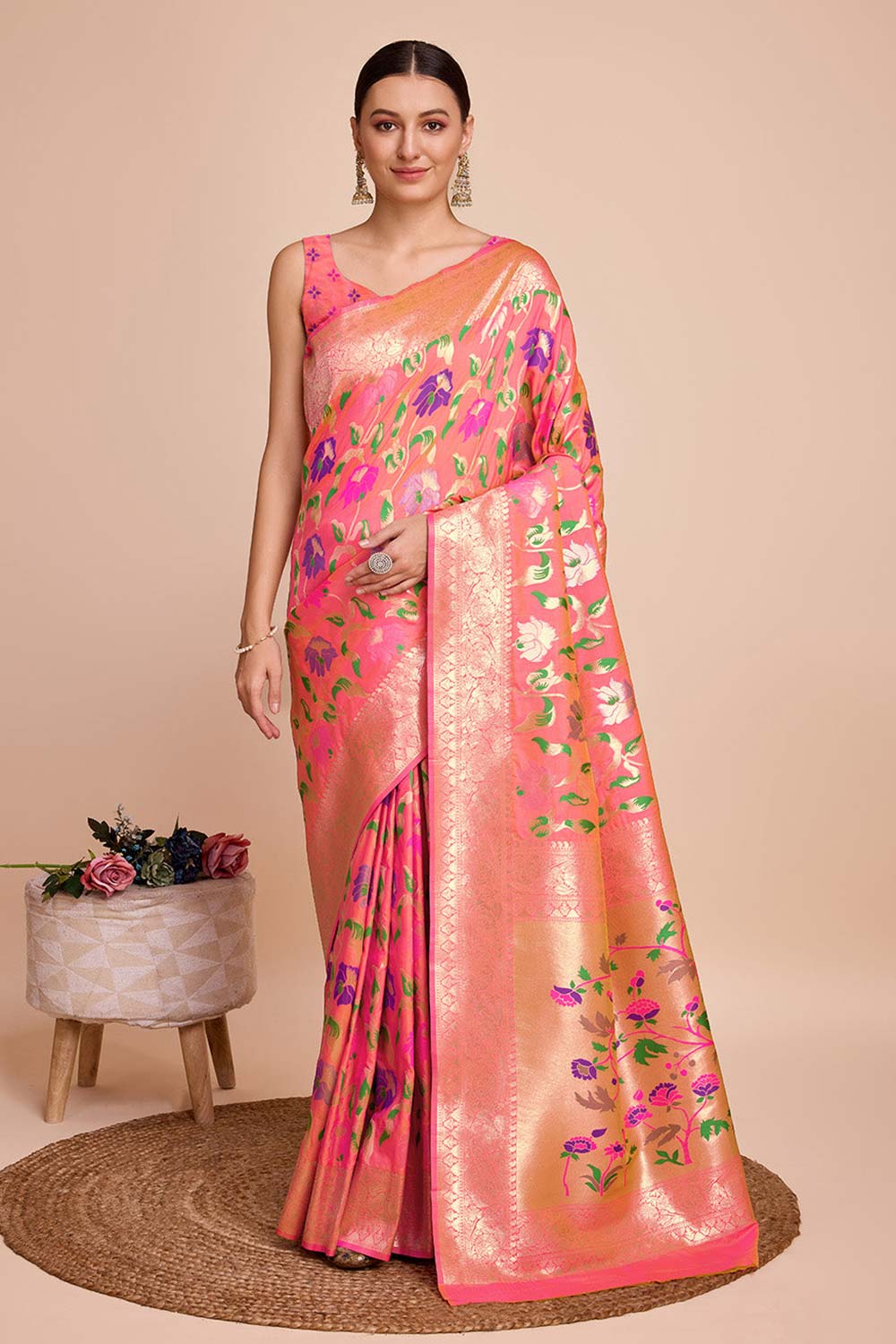 Pink Silk Blend Zari  Saree