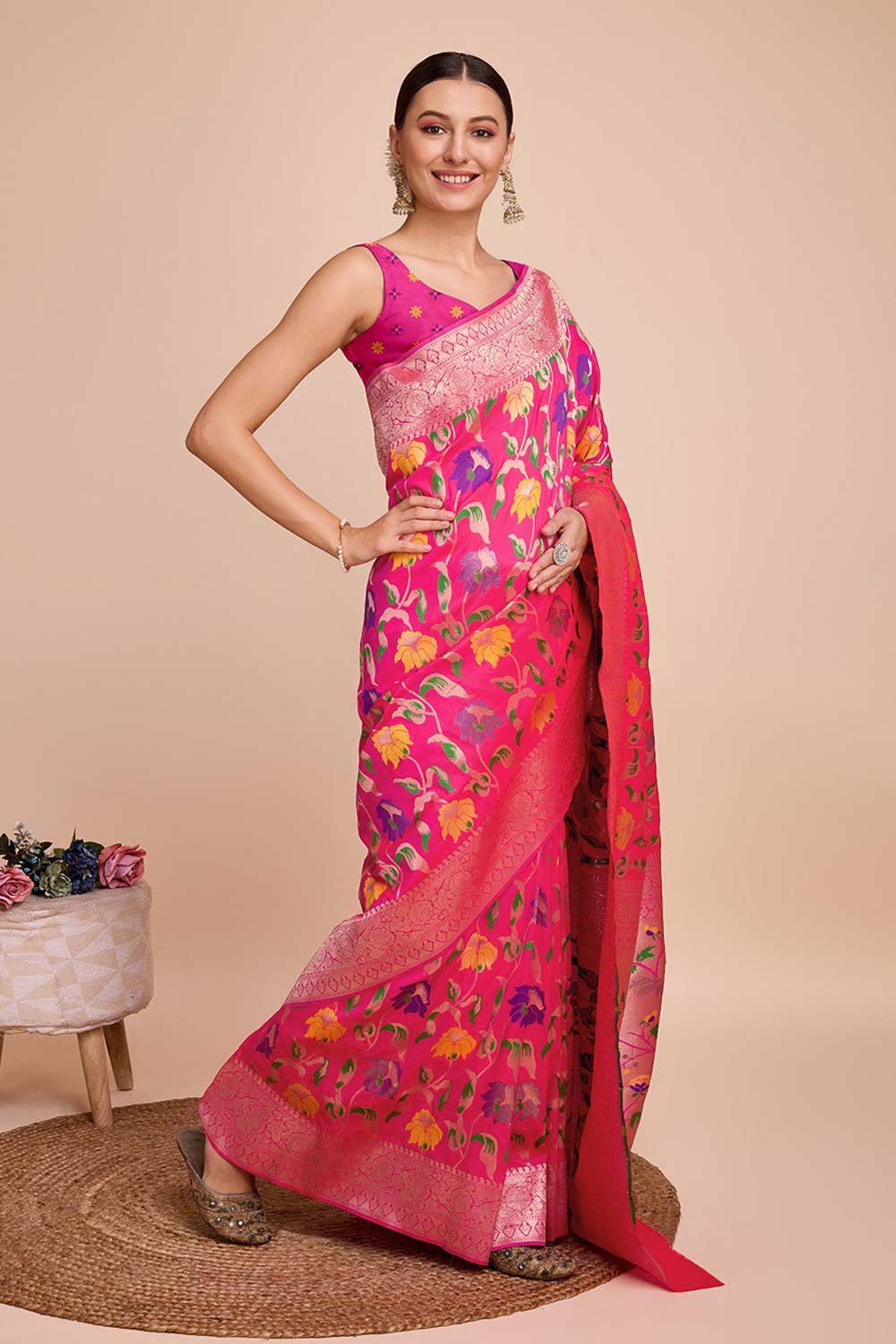 Pink Silk Blend Zari  Saree