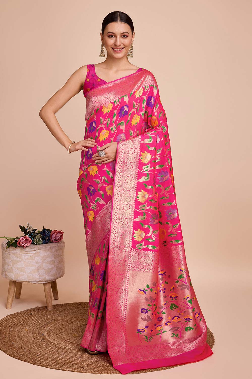 Pink Silk Blend Zari  Saree