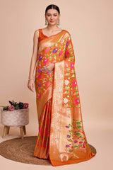 Orange Silk Blend Zari  Saree