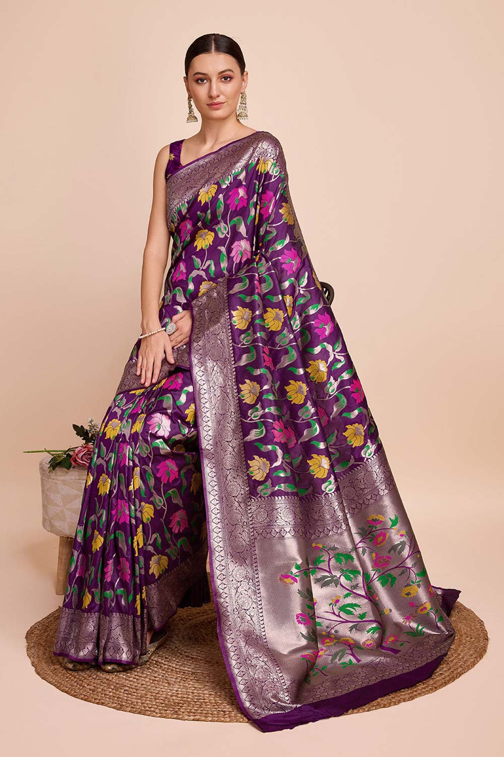 Purple Silk Blend Zari  Saree