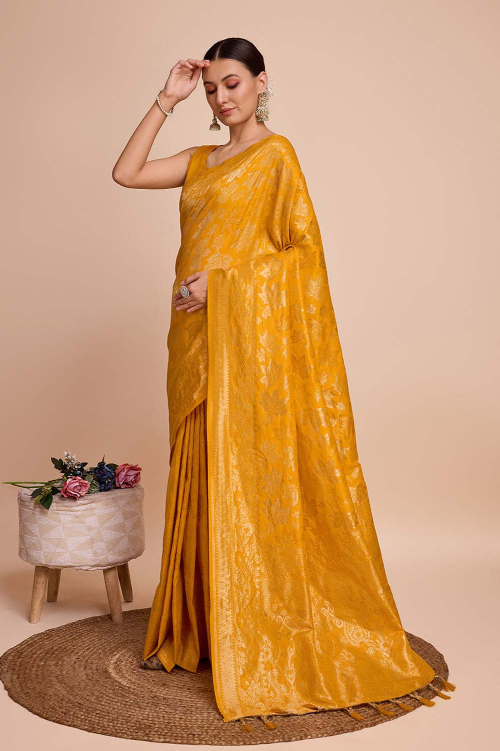 Yellow Pure Silk Zari  Saree