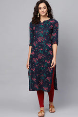 Blue Rayon Floral Straight Fit KurtI Set