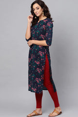 Blue Rayon Floral Straight Fit KurtI Set