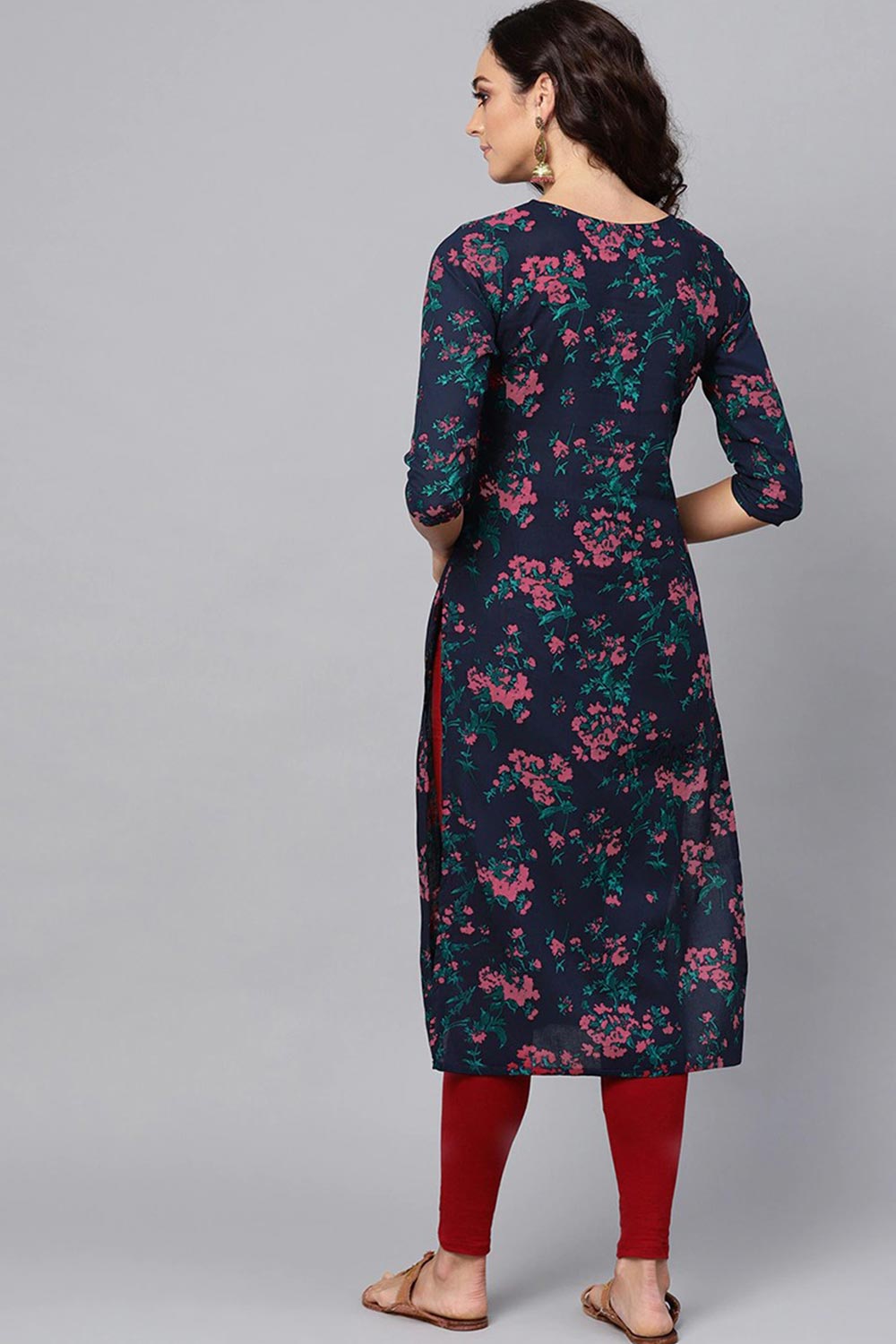 Blue Rayon Floral Straight Fit KurtI Set