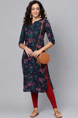 Blue Rayon Floral Straight Fit KurtI Set