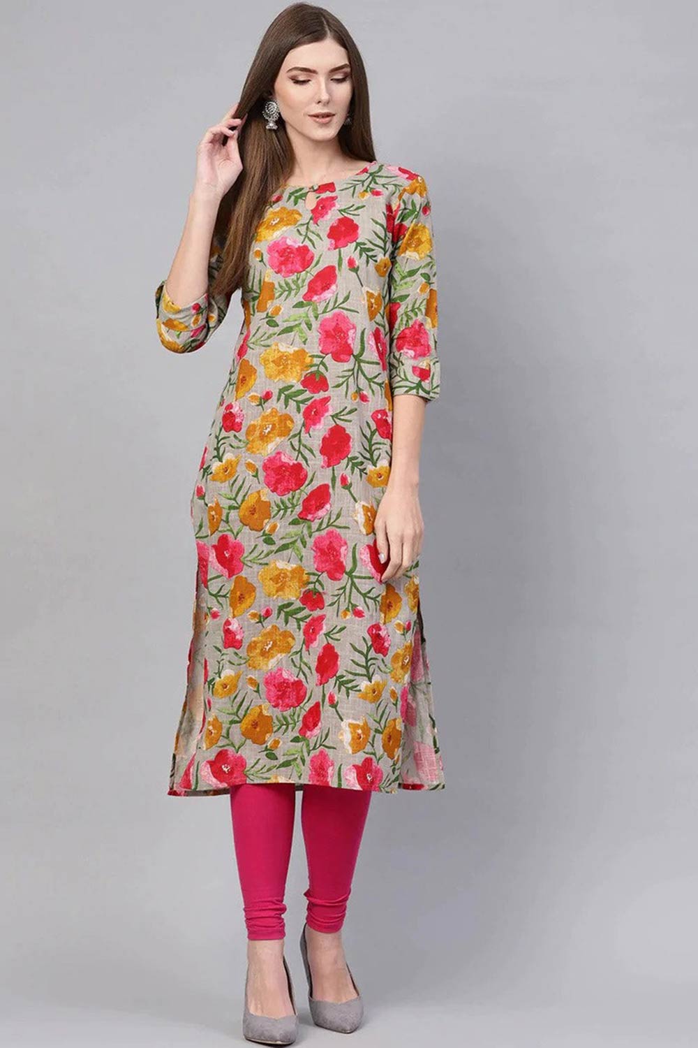 Grey Rayon Printed Straight Fit KurtI Set