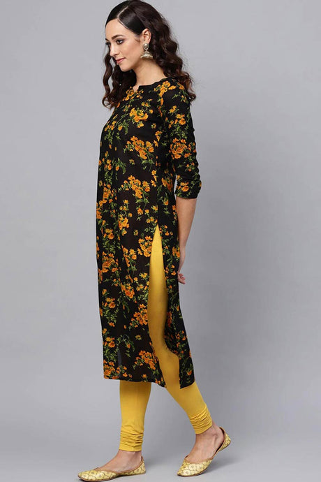 Black Rayon Printed Straight Fit KurtI Set