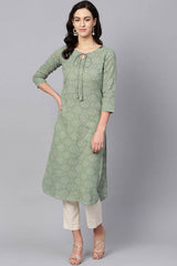 Green Cotton Printed Straight Fit KurtI Set