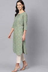 Green Cotton Printed Straight Fit KurtI Set