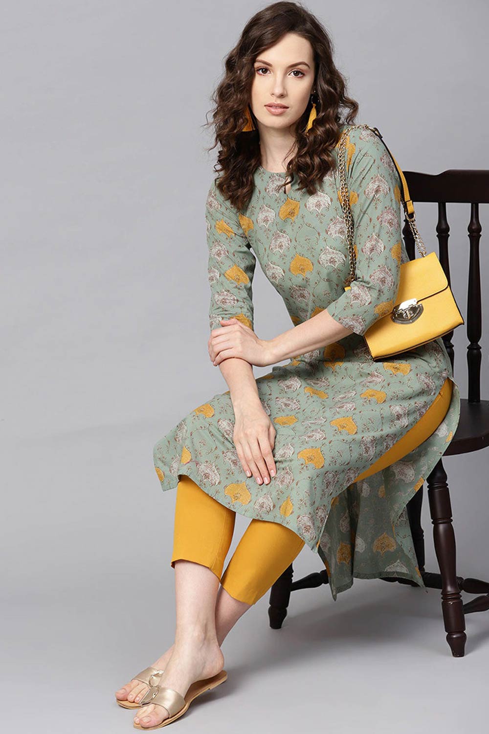 Green Rayon Printed Straight Fit KurtI Set