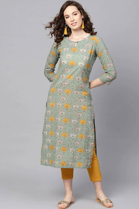 Green Rayon Printed Straight Fit KurtI Set