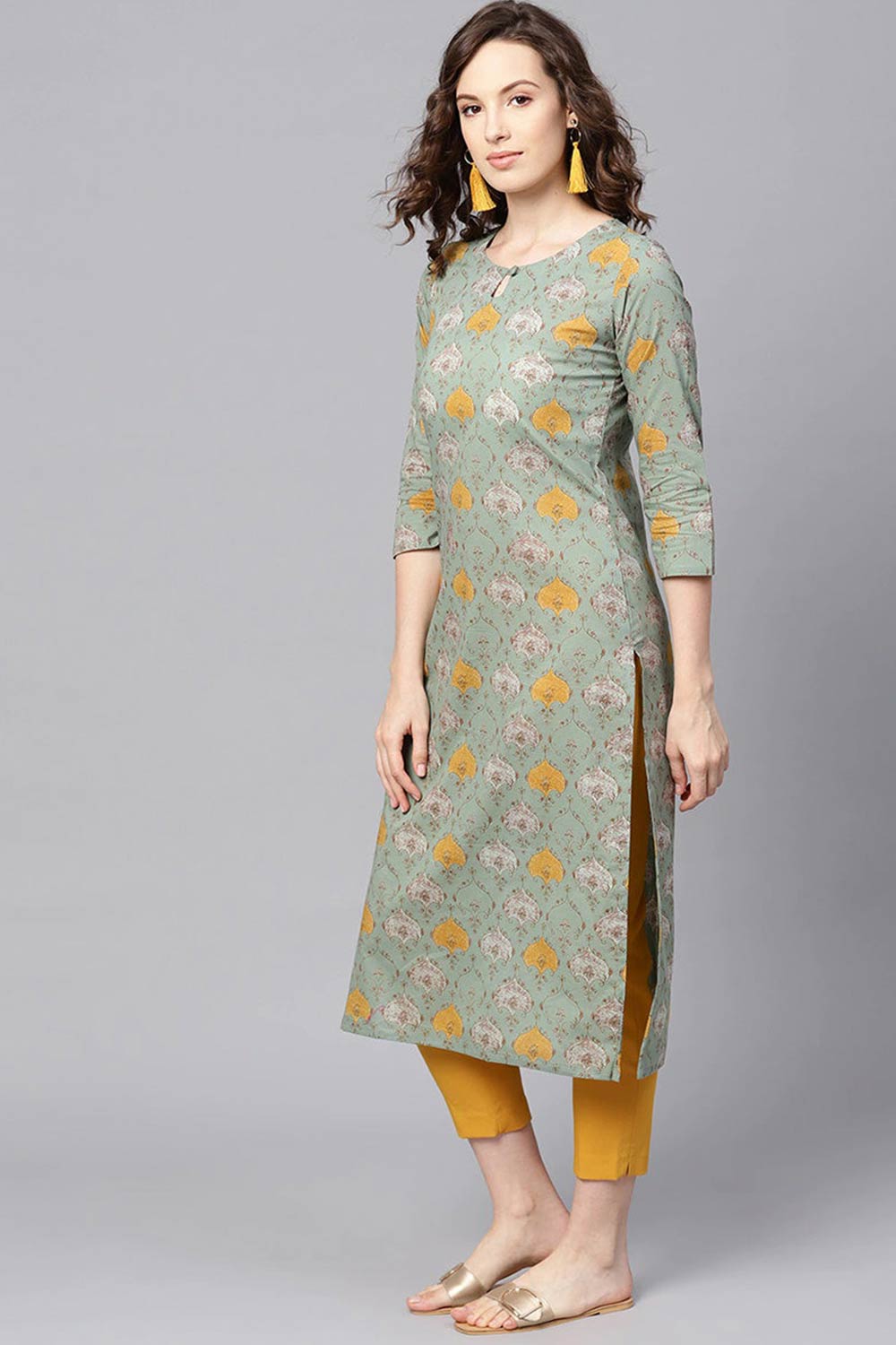 Green Rayon Printed Straight Fit KurtI Set