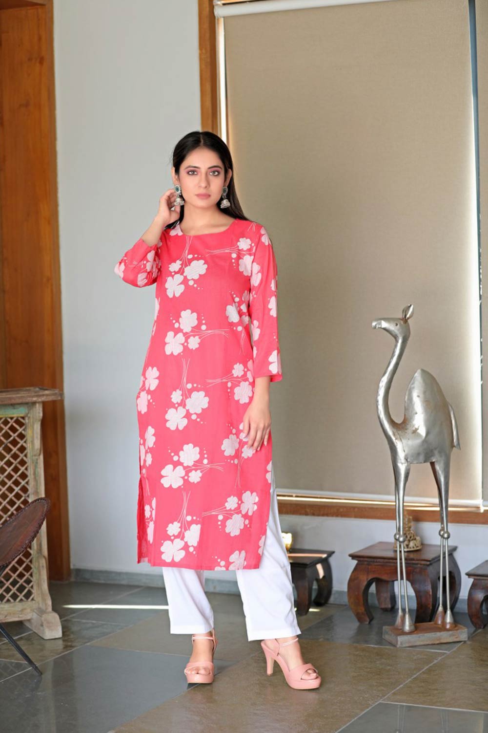 Pink Cotton Printed Straight Fit KurtI Set