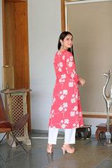 Pink Cotton Printed Straight Fit KurtI Set