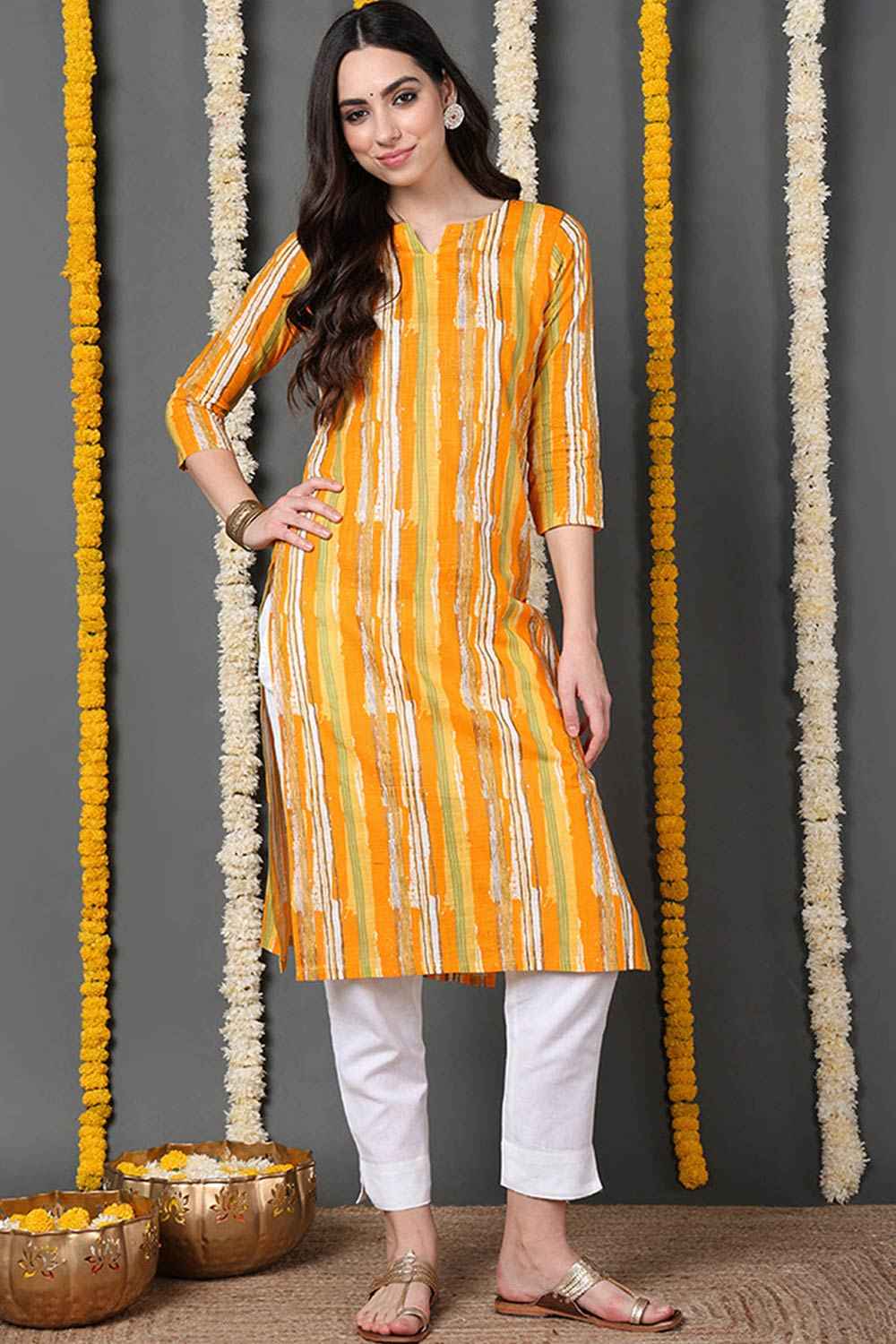 Yellow Cotton Printed Straight Fit KurtI Set