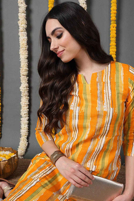 Yellow Cotton Printed Straight Fit KurtI Set