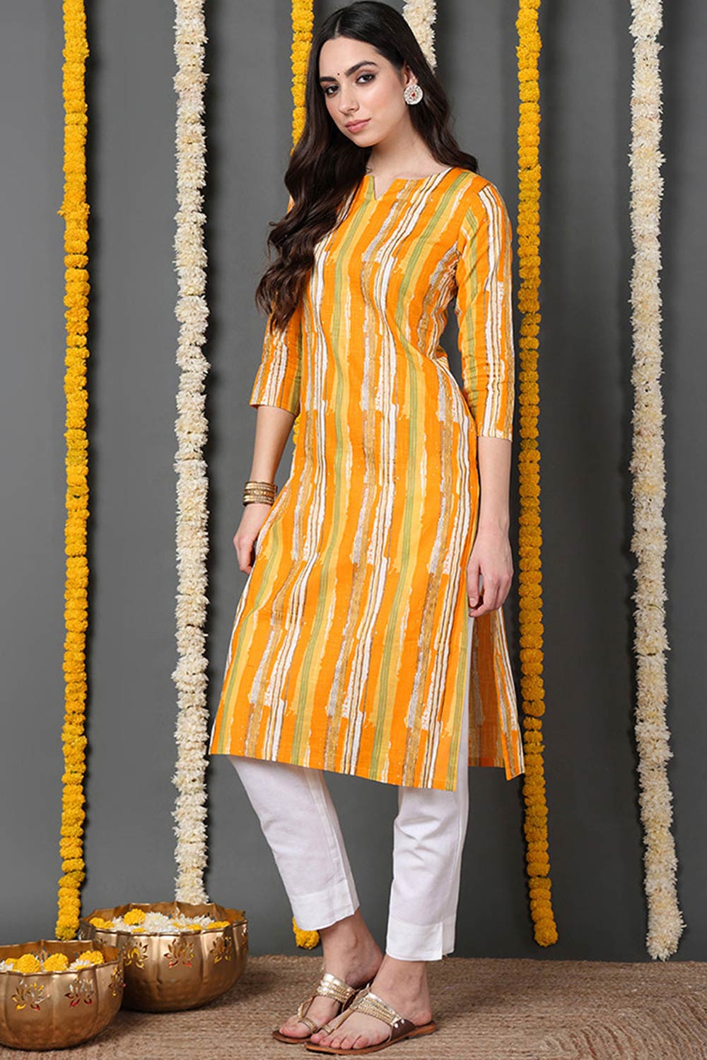 Yellow Cotton Printed Straight Fit KurtI Set