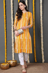 Yellow Cotton Printed Straight Fit KurtI Set