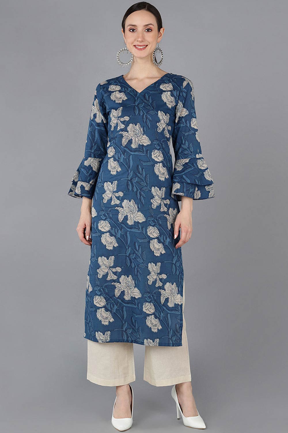 Blue Rayon Printed Straight Fit KurtI Set