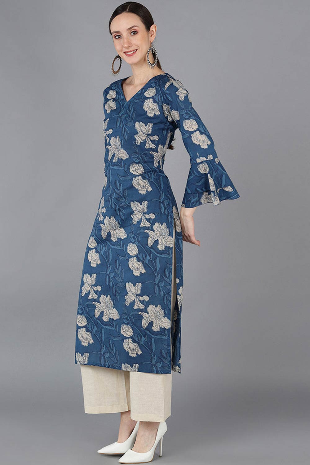 Blue Rayon Printed Straight Fit KurtI Set