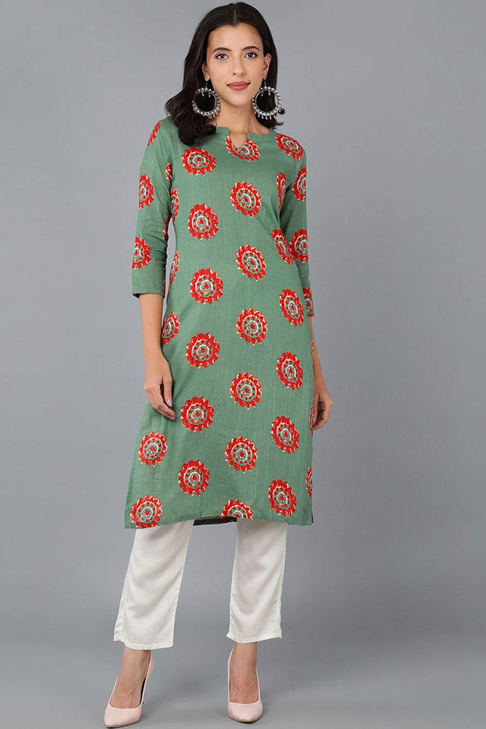 Green Cotton Round Neck KurtI Set