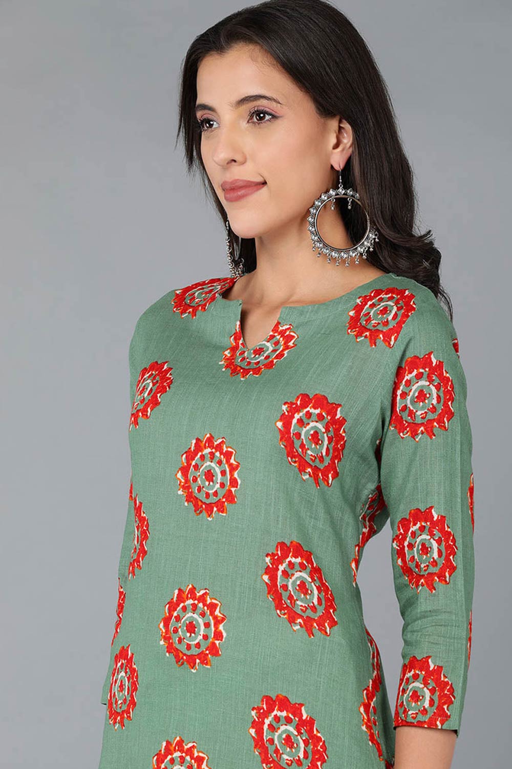 Green Cotton Round Neck KurtI Set