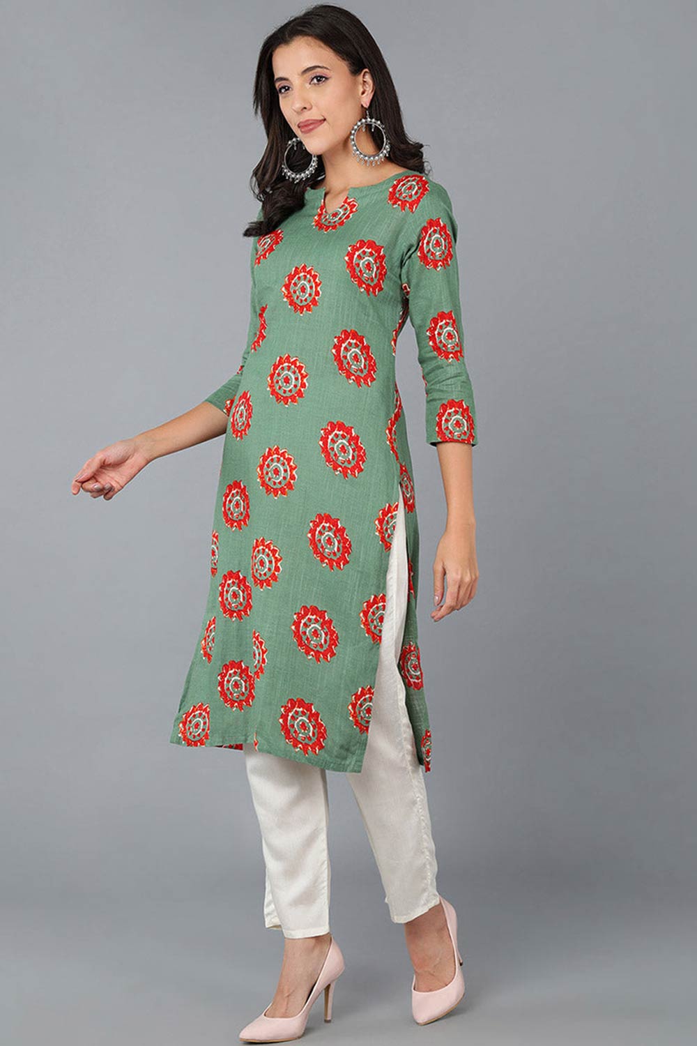 Green Cotton Round Neck KurtI Set