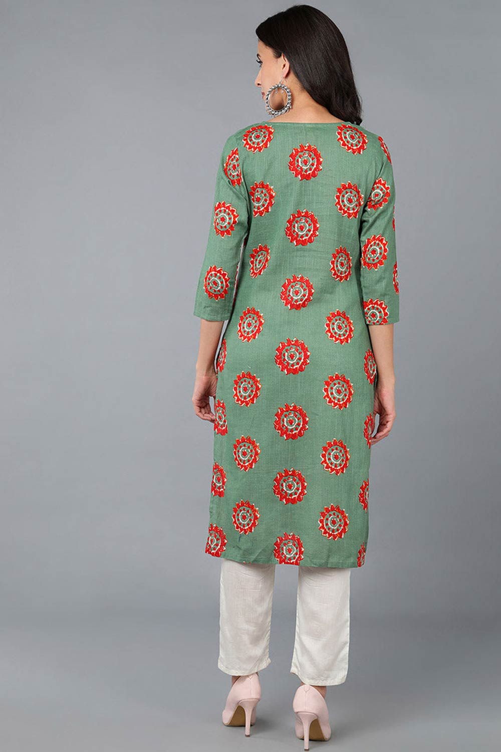 Green Cotton Round Neck KurtI Set