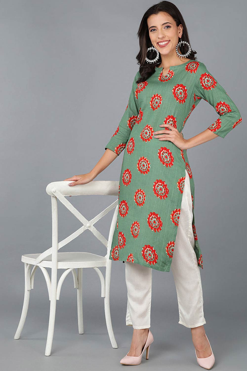 Green Cotton Round Neck KurtI Set