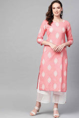 Pink Cotton Printed Straight Fit KurtI Set