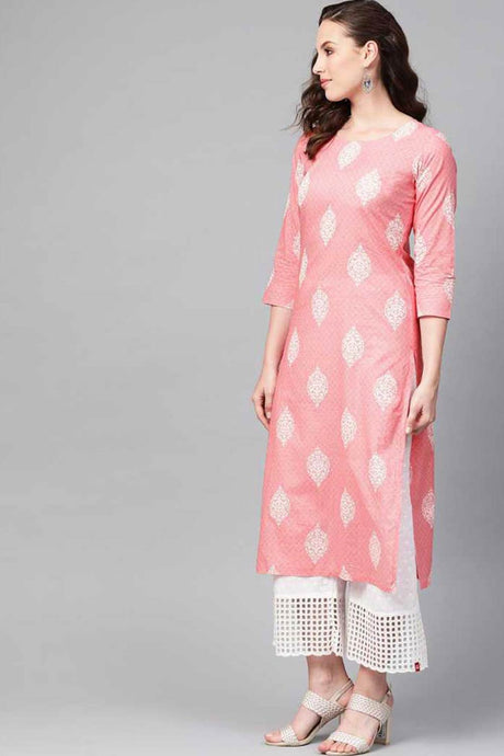 Pink Cotton Printed Straight Fit KurtI Set