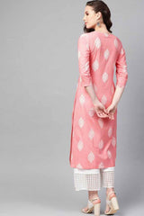 Pink Cotton Printed Straight Fit KurtI Set