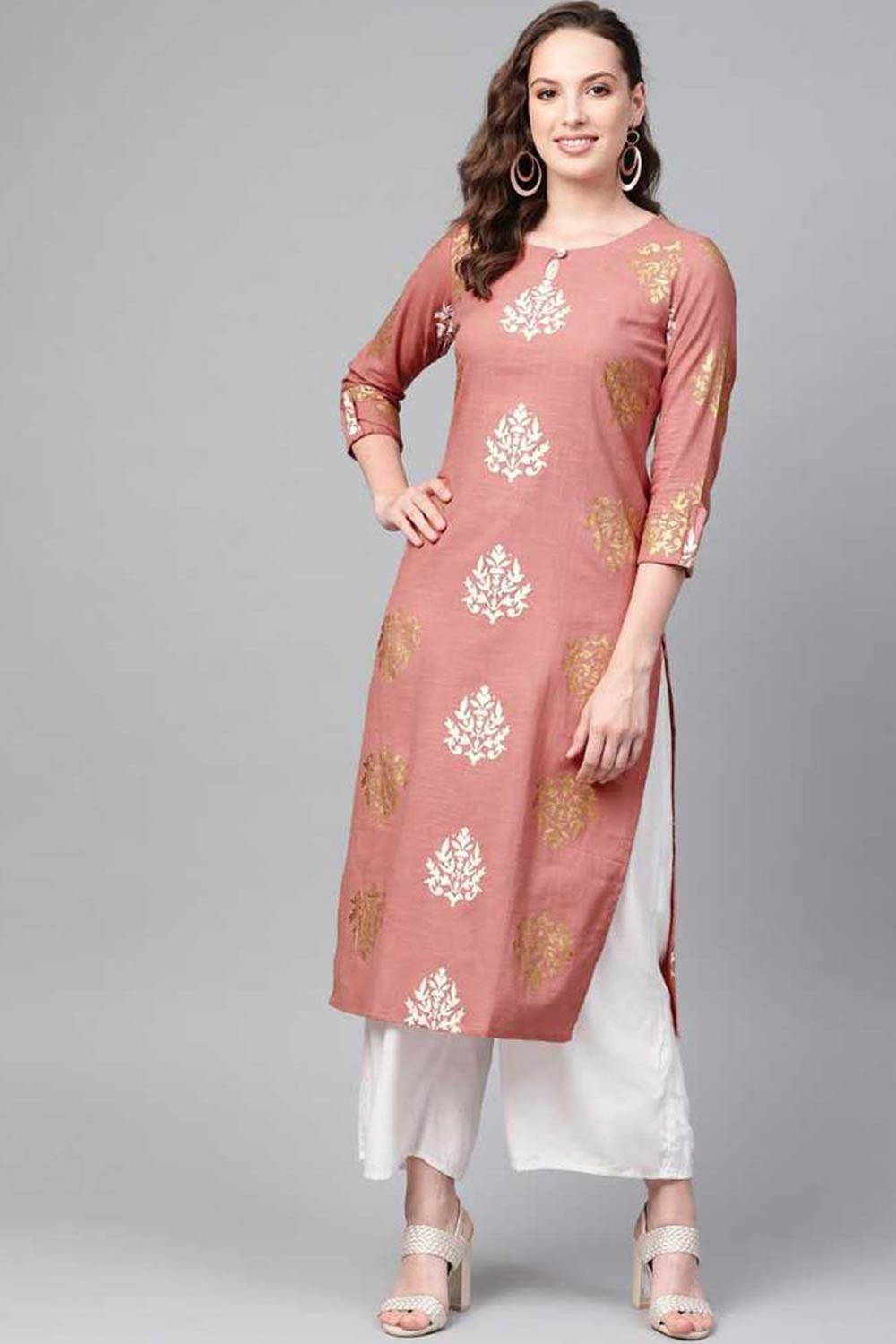 Pink Cotton Printed Straight Fit KurtI Set